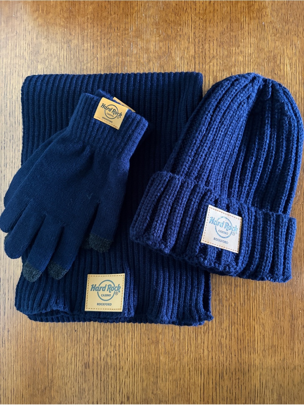 Hard Rock Casino Rockford Navy Knit Beanie, Scarf & Glove Set